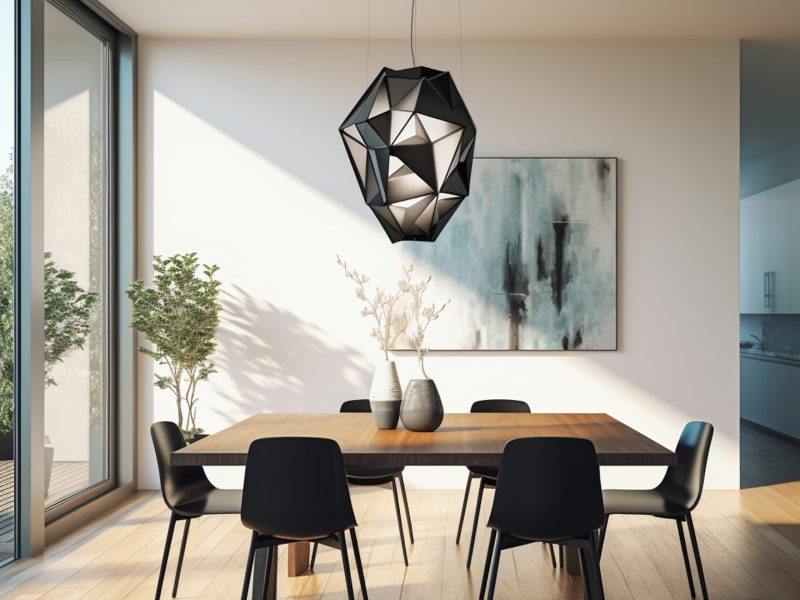 black pendant hung over table in modern dining room, in the style of low poly, aluminum, architectural illustrator, luminous sfumato, fine detailed, 20th century scandinavian style, delicate lines --v 5.2 Job ID: 3261e3d7-ad29-4f35-ace7-e8df9d51d8cf